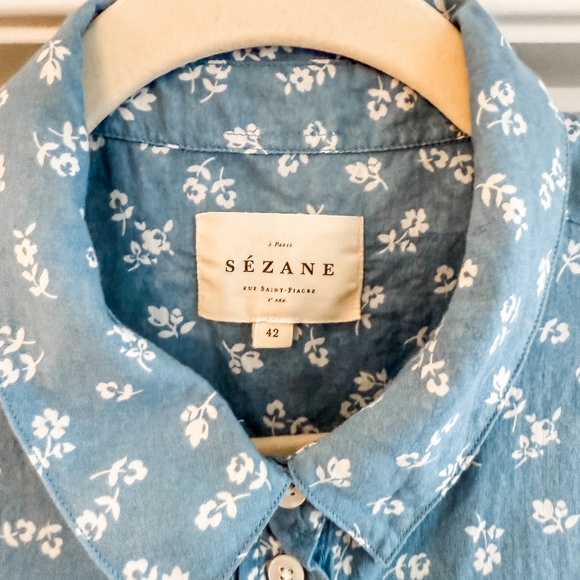 Sezane Ann Blue & Ecru Mini Flowers Shirt -- Size 10 US / 42 FR - Picture 6 of 10